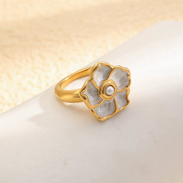 Wholesale Niche Style Stainless Steel 18K Goldplated Enamel Flower Ring For Women
