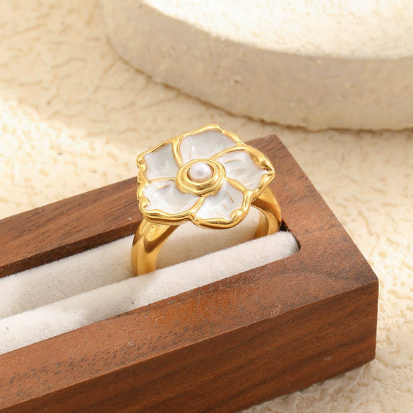 Wholesale Niche Style Stainless Steel 18K Goldplated Enamel Flower Ring For Women
