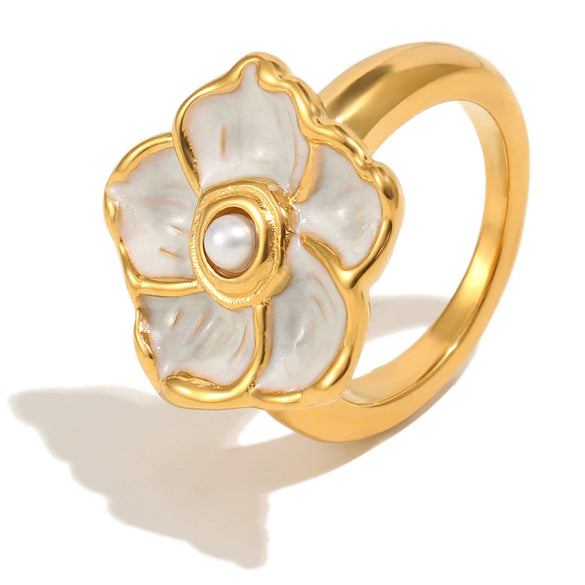 Wholesale Niche Style Stainless Steel 18K Goldplated Enamel Flower Ring For Women