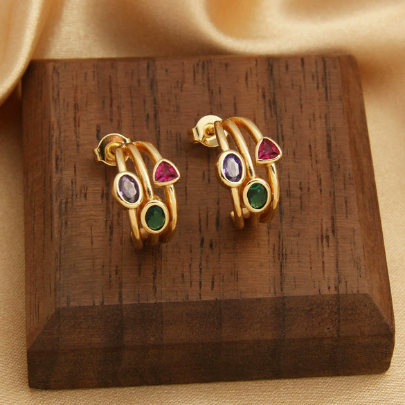Wholesale Niche Stylish Luxury Retro Geometric Faceted Colorful Zircon Inlaid Copper Goldplated Women's Earrings