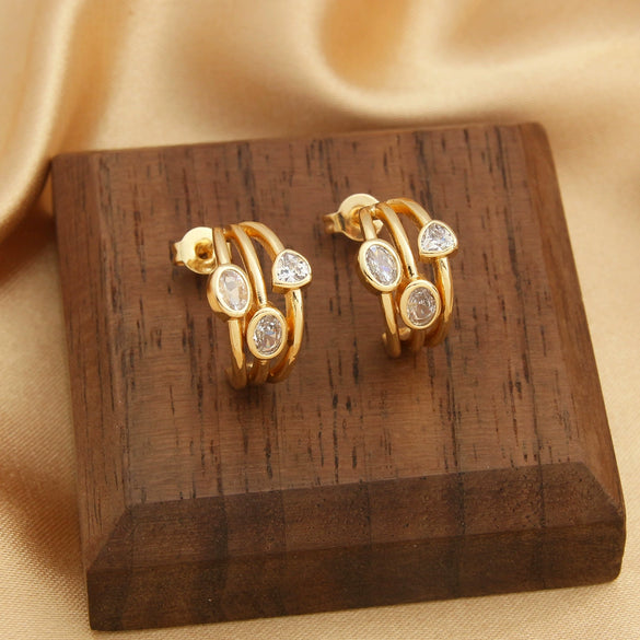 Wholesale Niche Stylish Luxury Retro Geometric Faceted Colorful Zircon Inlaid Copper Goldplated Women's Earrings