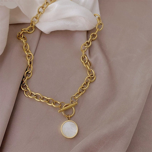 Wholesale Non Fading Titanium Steel Women's Hip Hop Thick Chain Disc T Buckle Clavicle Sweater Necklace