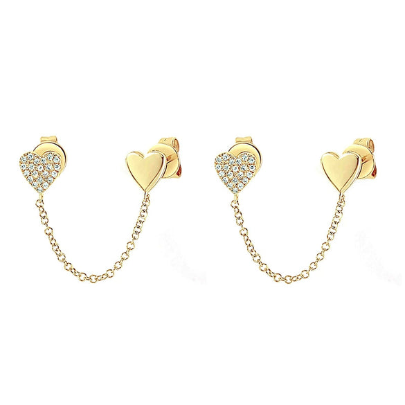 Wholesale Nonearhole Double Earrings Copper Plated With Real Gold Microinlaid Zircon Heart And Geometric Style For Women