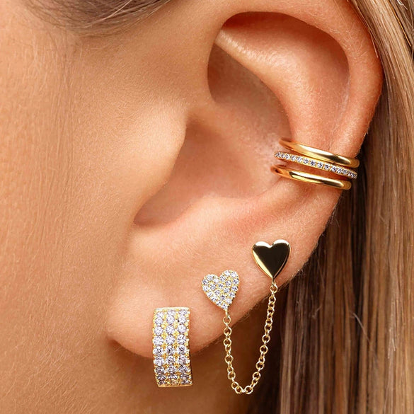 Wholesale Nonearhole Double Earrings Copper Plated With Real Gold Microinlaid Zircon Heart And Geometric Style For Women