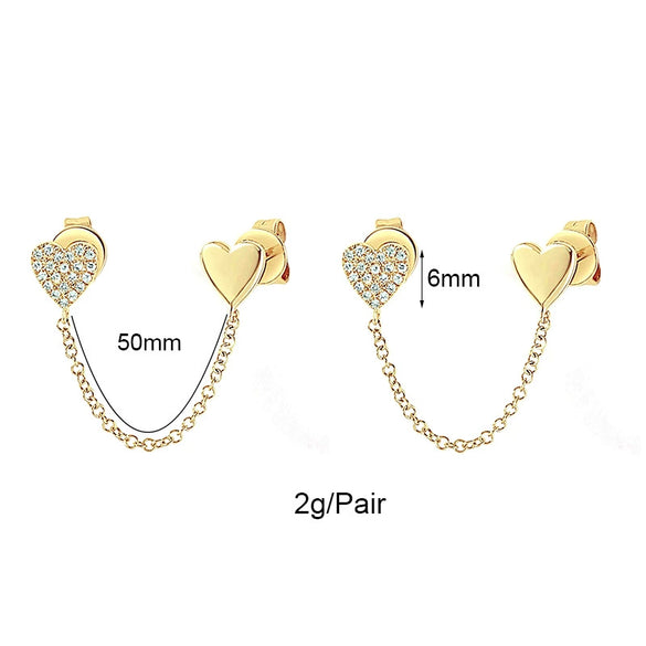Wholesale Nonearhole Double Earrings Copper Plated With Real Gold Microinlaid Zircon Heart And Geometric Style For Women