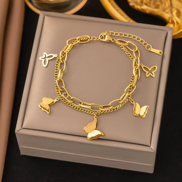 Wholesale Nonfading Fashion Women's Geometric Flower And Insect Pattern Electroplated Titanium Steel Bracelet