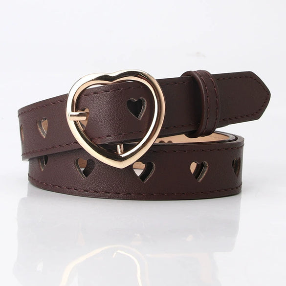 Wholesale Nonperforated Love Hollow Decorative Belt For Women Made Of Imitation Leather With Alloy Buckle