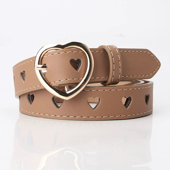 Wholesale Nonperforated Love Hollow Decorative Belt For Women Made Of Imitation Leather With Alloy Buckle