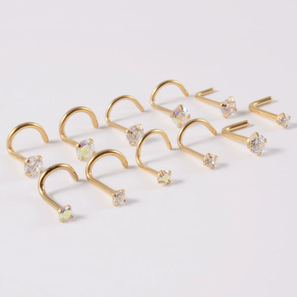 Wholesale Nose Ring Stainless Steel Zircon Clawshaped Fivestar Heart Sshaped Lshaped Straight Rod Electroplated