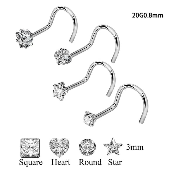 Wholesale Nose Ring Stainless Steel Zircon Clawshaped Fivestar Heart Sshaped Lshaped Straight Rod Electroplated