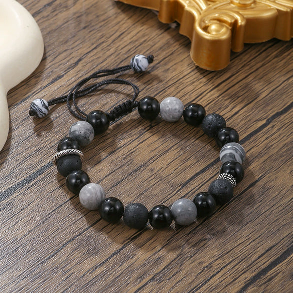 Wholesale Obsidian Beaded Bracelet Handmade Geometric Style Volcanic Stone Unisex