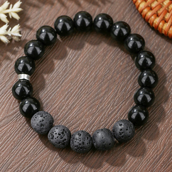 Wholesale Obsidian Beaded Bracelet Handmade Geometric Style Volcanic Stone Unisex