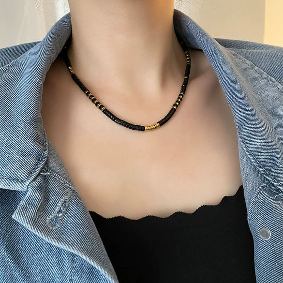 Wholesale Obsidian Titanium Steel Necklace Vintage Geometric Style Electroplated Ball Chain For Women