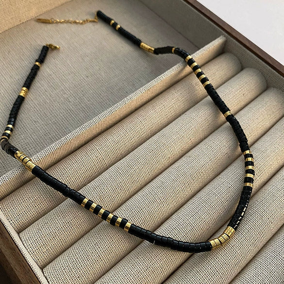Wholesale Obsidian Titanium Steel Necklace Vintage Geometric Style Electroplated Ball Chain For Women