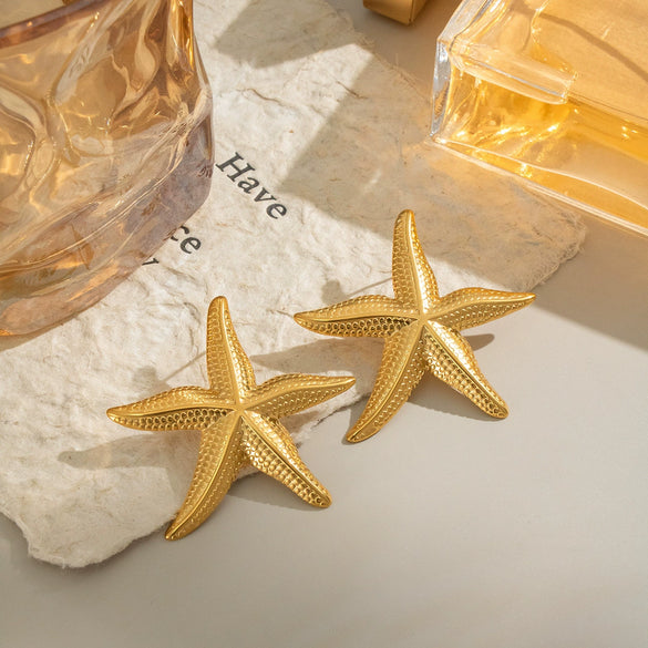 Wholesale Ocean Style Starfish Women's Jewelry Accessories Earrings And Ring In Stainless Steel With Geometric Shape And Electroplating Design
