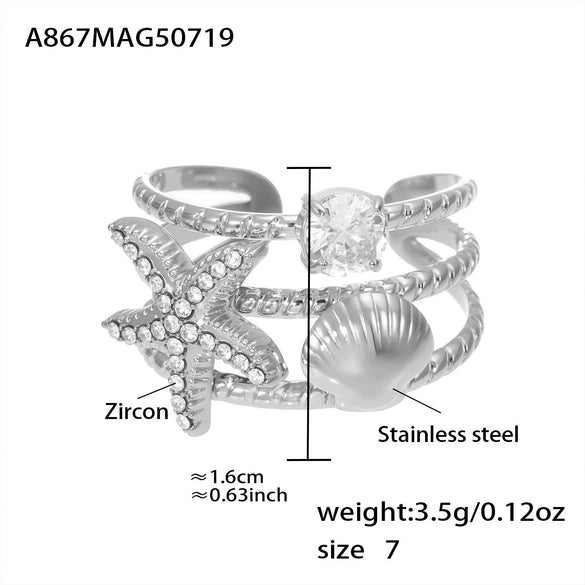 Wholesale Ocean Style Zircon Ring 316L Stainless Steel Star Starfish Octopus Jewelry