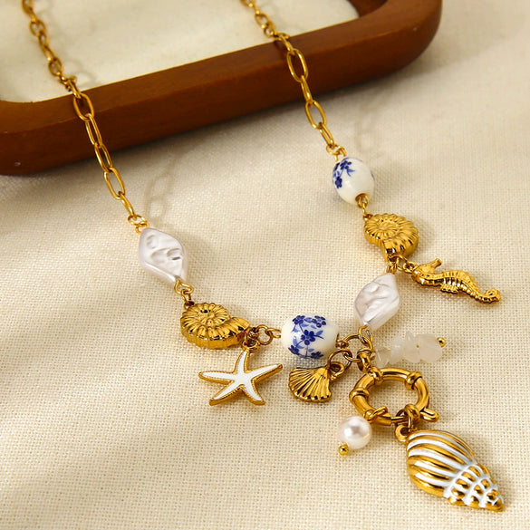 Wholesale Ocean Themed Ins Style Ceramic Conch And Starfish Stainless Steel Pendant Necklace Electroplated With 18K Gold For Women