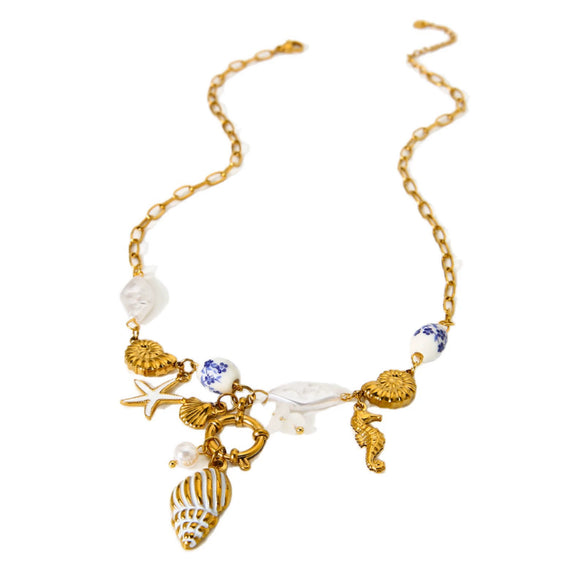 Wholesale Ocean Themed Ins Style Ceramic Conch And Starfish Stainless Steel Pendant Necklace Electroplated With 18K Gold For Women