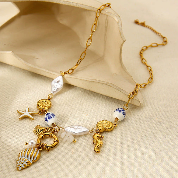 Wholesale Ocean Themed Ins Style Ceramic Conch And Starfish Stainless Steel Pendant Necklace Electroplated With 18K Gold For Women