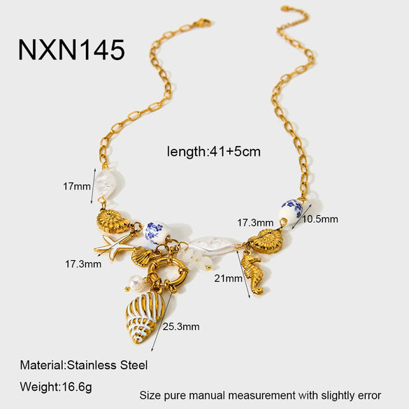 Wholesale Ocean Themed Ins Style Ceramic Conch And Starfish Stainless Steel Pendant Necklace Electroplated With 18K Gold For Women