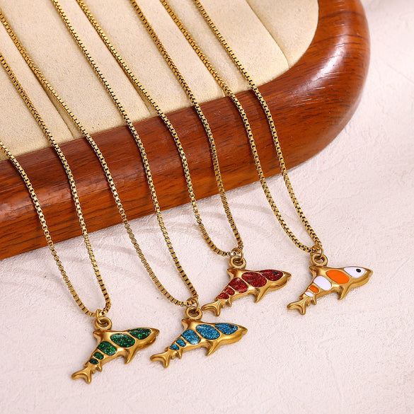 Wholesale Oil Dripping Process Gold Electroplated Stainless Steel Fish Pendant Cross Chain Necklace For Men And Women