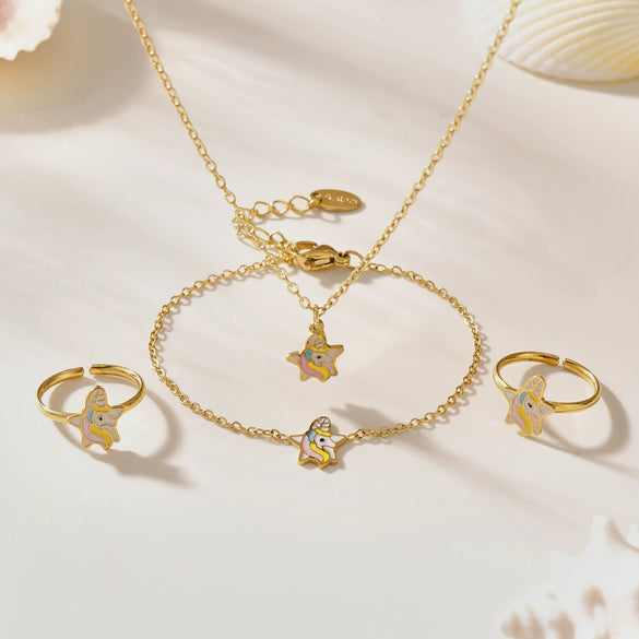 Wholesale Oil Drop Cartoon Rainbow Unicorn Cute Pony Titanium Steel Jewelry Set For Children With Electroplating