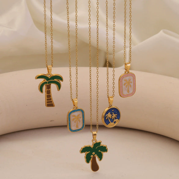 Wholesale Oil Drop Coconut Tree Flower Shaped Pendant Necklace In Stainless Steel With Personalized Plants Flowers Style