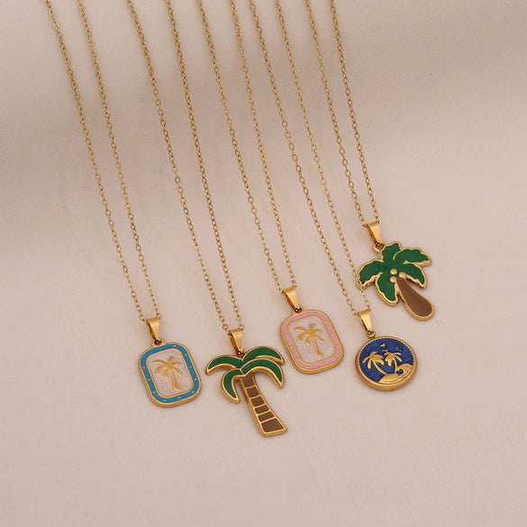 Wholesale Oil Drop Coconut Tree Flower Shaped Pendant Necklace In Stainless Steel With Personalized Plants Flowers Style
