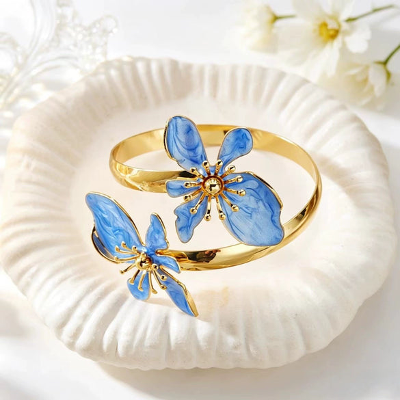 Wholesale Oildrip Floral Open Double Flower Alloy Bracelet With Electroplating Design