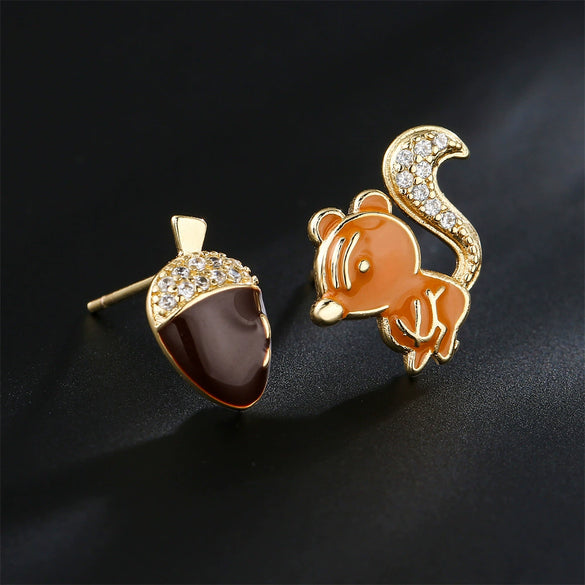 Wholesale Oildrip Zircon Animal Squirrel Pine Cone Earrings Copper Plated Geometric Style