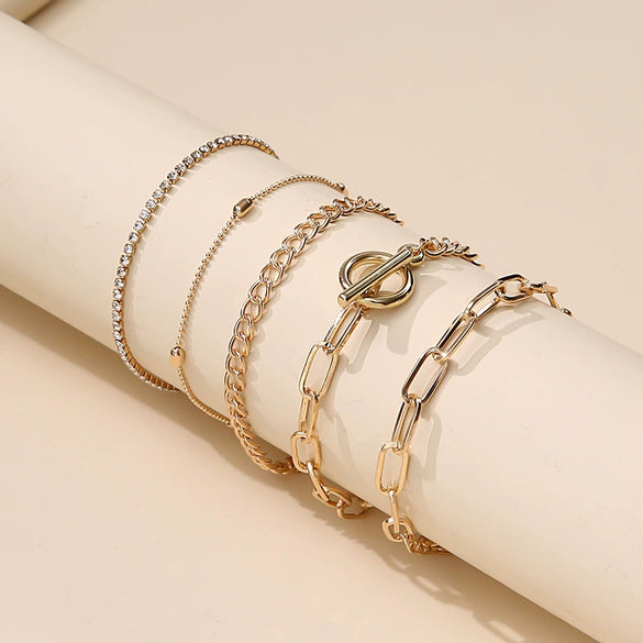 Wholesale Ol Bracelet Retro Trendy O Buckle Multi Layer Diamond Chain Geometric Hollow Round Bead Jewelry Alloy Electroplated