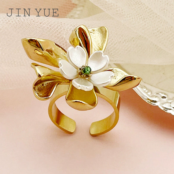 Wholesale Open Ring Stainless Steel Plated 14K Gold Green Crystal Beads White Flower Geometric French Retro Style For Women