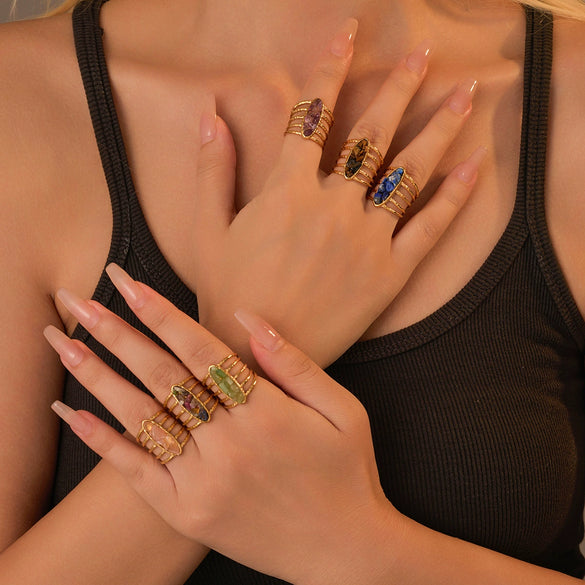 Wholesale Open Ring Titanium Steel Electroplated Natural Stone Inlaid Geometric Light Luxury Style