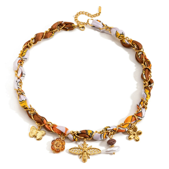 Wholesale Orange Printed Headscarf Stainless Steel Bee Pendant Necklace Electroplated Jewelry For Women