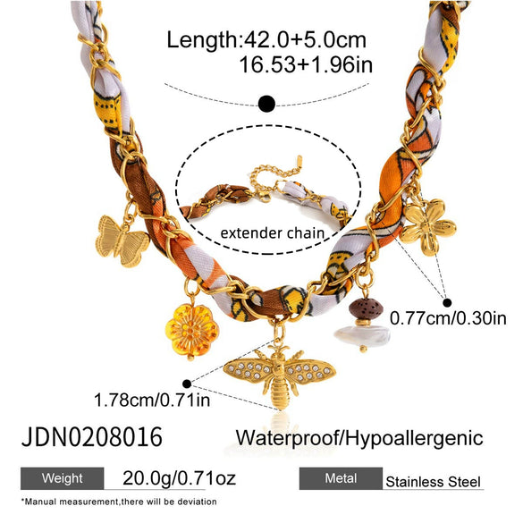Wholesale Orange Printed Headscarf Stainless Steel Bee Pendant Necklace Electroplated Jewelry For Women