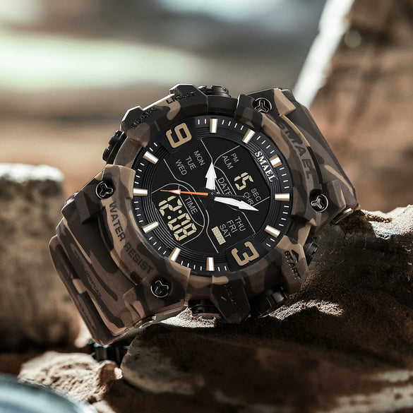Wholesale Outdoor Waterproof Resin Pu Multifunctional Round Electronic Wristwatch For Men With Camouflage Luminous Style
