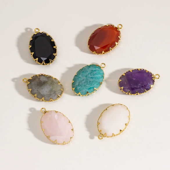 Wholesale Oval Natural Stone And Stainless Steel Necklace Pendant Accessories With Geometric Style And Stainless Steel Edging