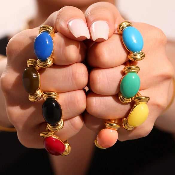 Wholesale Oval Resin And Stainless Steel Ring With Geometric Design Fashionable And High End Candy Colored Open Style Electroplated For Women