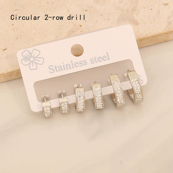 Wholesale 3 Pairs Of Women's Geometric Stainless Steel Electroplated Round Diamond Earrings