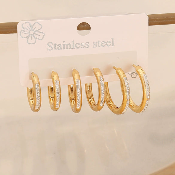 Wholesale 3 Pairs Of Women's Geometric Stainless Steel Electroplated Round Diamond Earrings