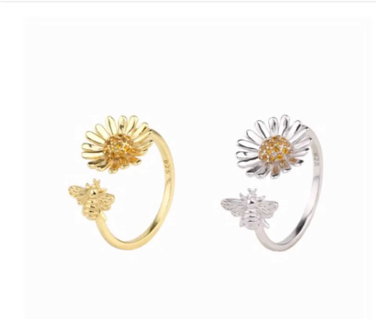 Wholesale Pastoral Artistic Sunflower Bee Sterling Silver White Gold Plated Gold Plated Zircon Open Ring