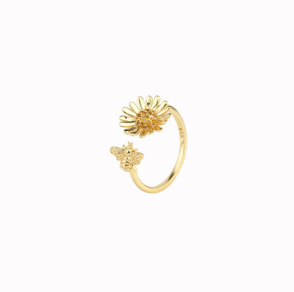 Wholesale Pastoral Artistic Sunflower Bee Sterling Silver White Gold Plated Gold Plated Zircon Open Ring