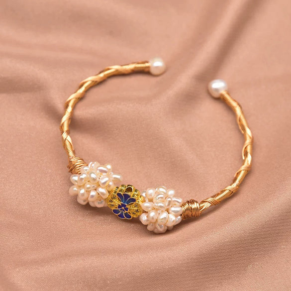 Wholesale Pearl Ball Handmade Cloisonne Retro Bow Shaped Electroplated Bracelet For Women