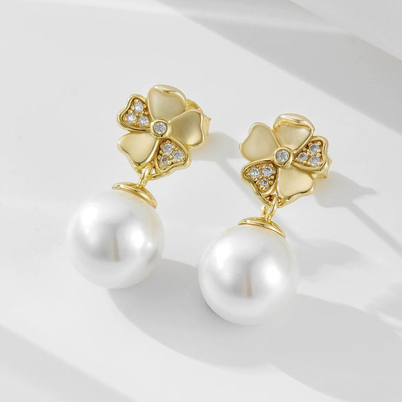Wholesale Pearl Earrings S925 Silver Five Leaf Clover Flower Real Gold Plated