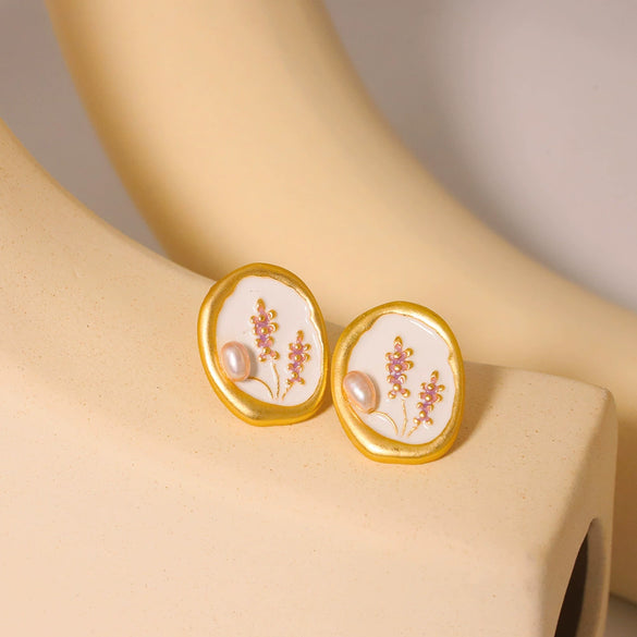 Wholesale Pearl Earrings S925 Silver Needle Retro Enamel Drip Glaze Geometric Style Electroplated For Women