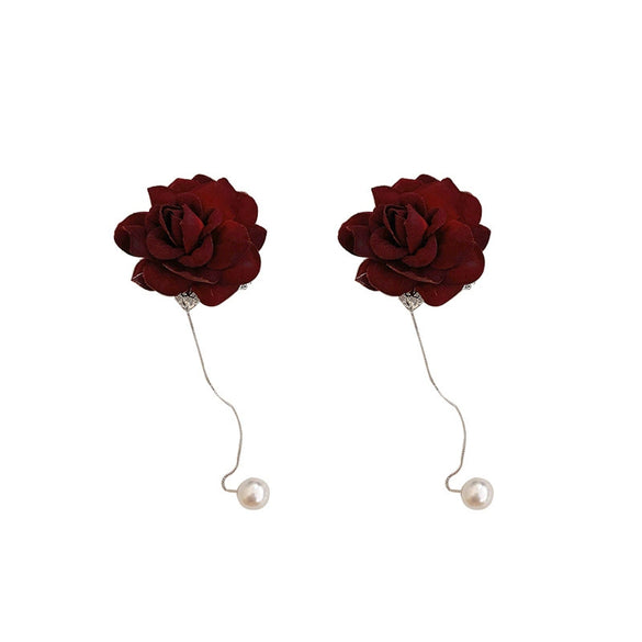 Wholesale Pearl Earrings With Silver Needle And Red Flower French Retro Style