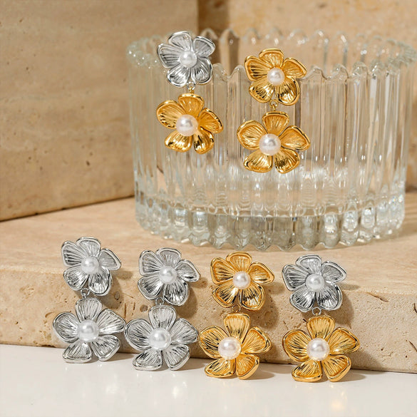 Wholesale Pearl Flower Earrings Stainless Steel Vacuum Electroplated Gold Retro Flower Style Ear Jewelry For Women