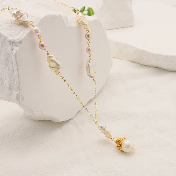 Wholesale Pearl Geometric Bamboo Chain Women's Elegant Highgrade Long Pendant Clavicle Chain 18K Real Gold Electroplated Color Retaining Jewelry