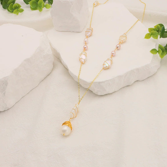 Wholesale Pearl Geometric Bamboo Chain Women's Elegant Highgrade Long Pendant Clavicle Chain 18K Real Gold Electroplated Color Retaining Jewelry