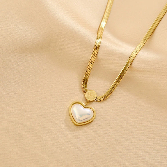 Wholesale Pearl Heart Snake Bone Chain Titanium Steel Necklace With Love Water Drop Bell Patterns Electroplated Jewelry Set For Women